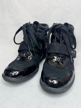 Michael Kors High Top Black Hidden Wedge Sneakers W/ MK Logo Womens